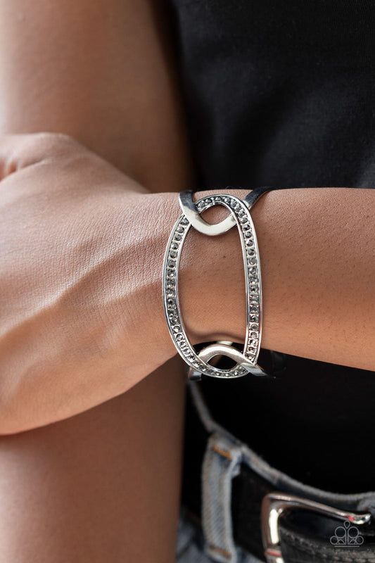 Never A Dull Moment - Silver Linked Oval Hematite Encrusted Frame Cuff Bracelet