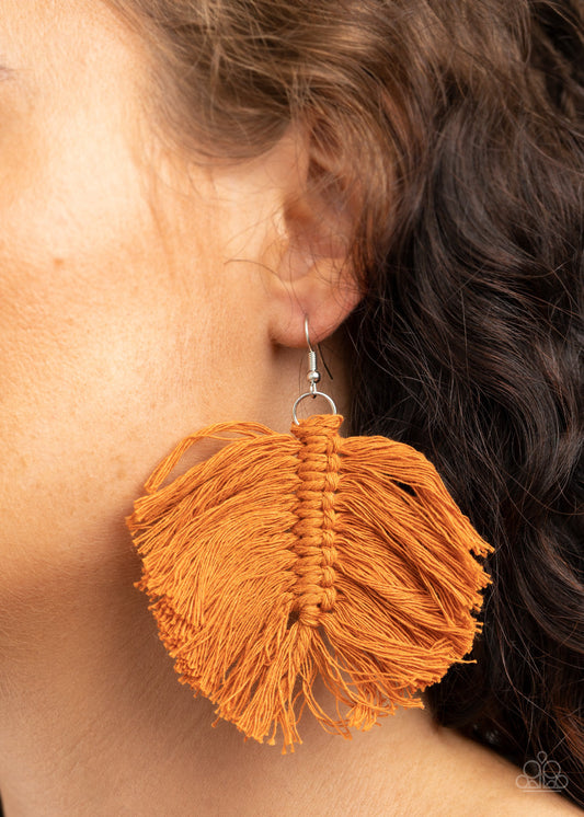 Macrame Mamba - Brown Thread Leaf-Shaped Tassel Earrings