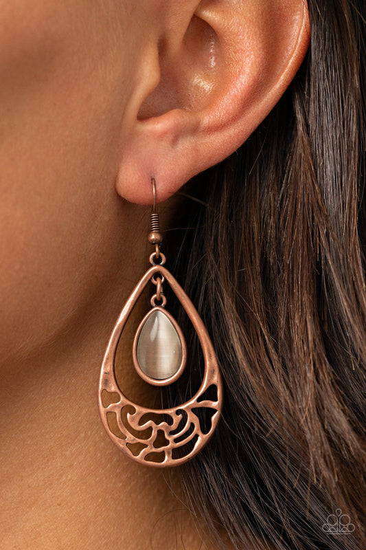 DEW You Feel Me? - Copper Floral Filigree Teardrop Frame/White Cat's Eye Teardrop Earrings