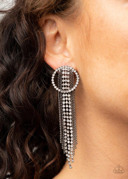 Dazzle by Default - Gunmetal Chain/White Rhinestone Fringe Paparazzi Earrings