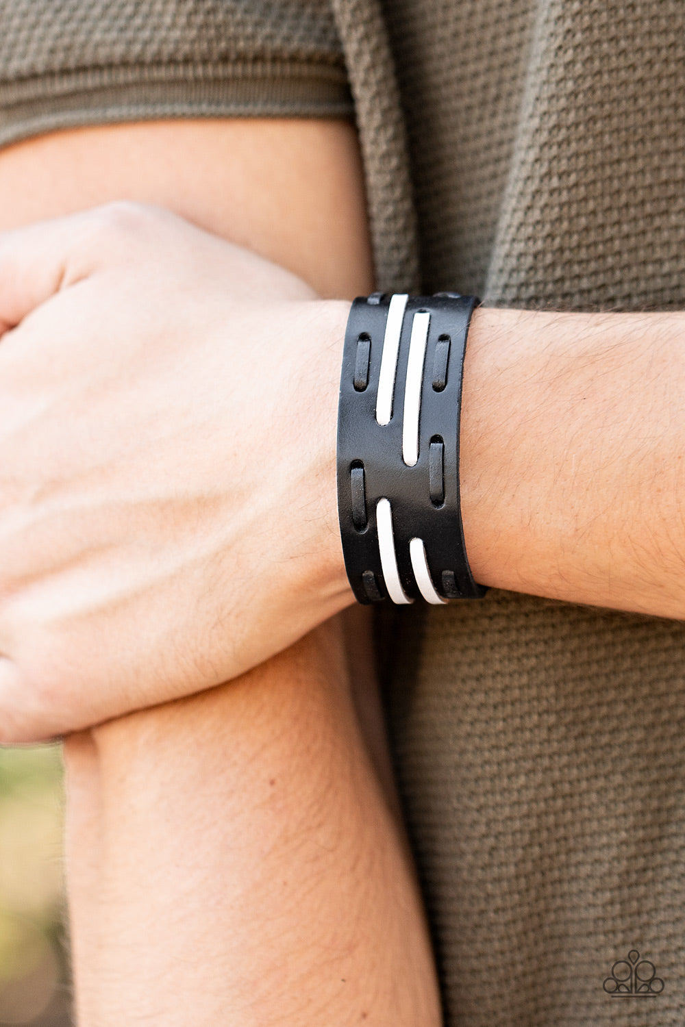 Cowboy Boot Camp - Black & White Leather Laces/Thick Black Leather Snap Bracelet