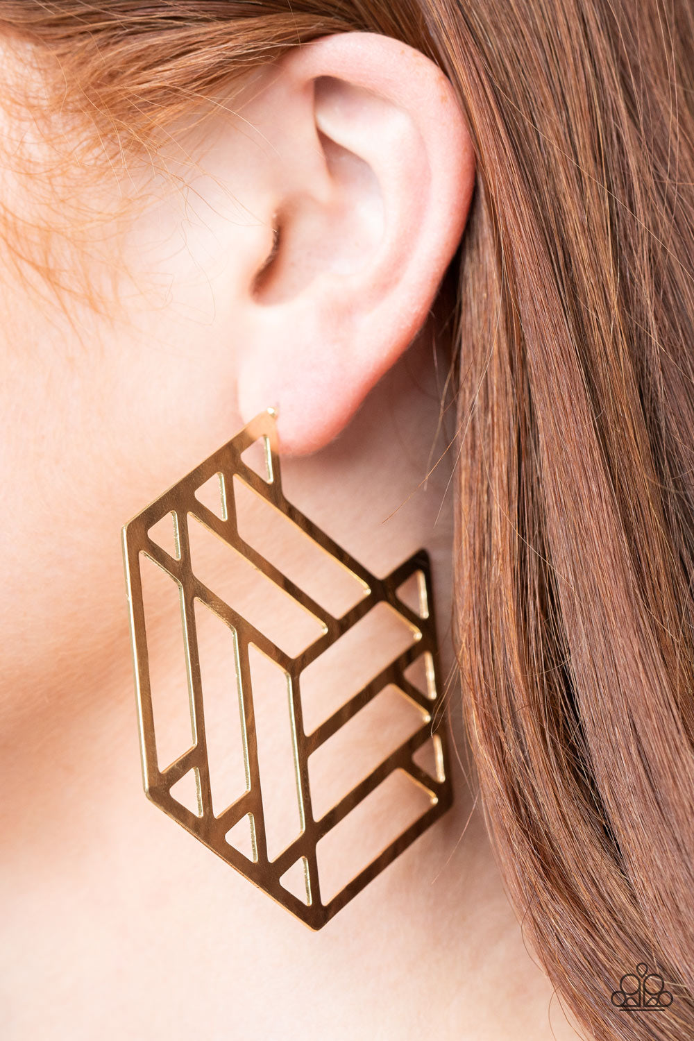 Gotta Get GEO-ing - Gold Edgy Hexagonal Frame Geometric Paparazzi Hoop Earrings