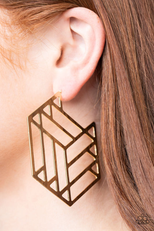 Gotta Get GEO-ing - Gold Edgy Hexagonal Frame Geometric Paparazzi Hoop Earrings