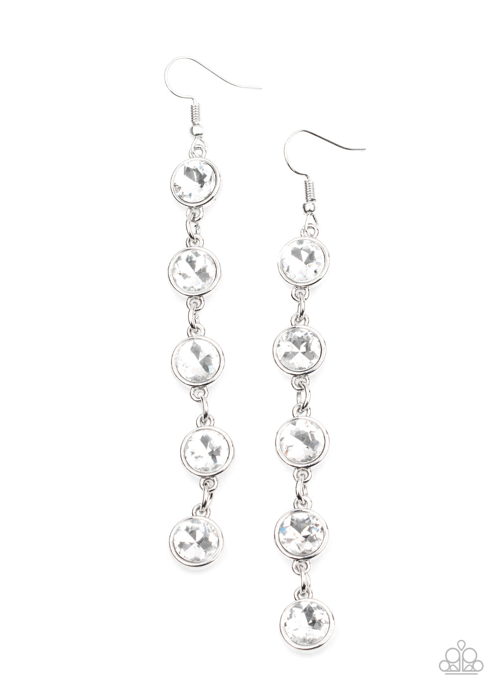 Trickle Down Twinkle - White Oversized Rhinestone Elongated Lure Earrings