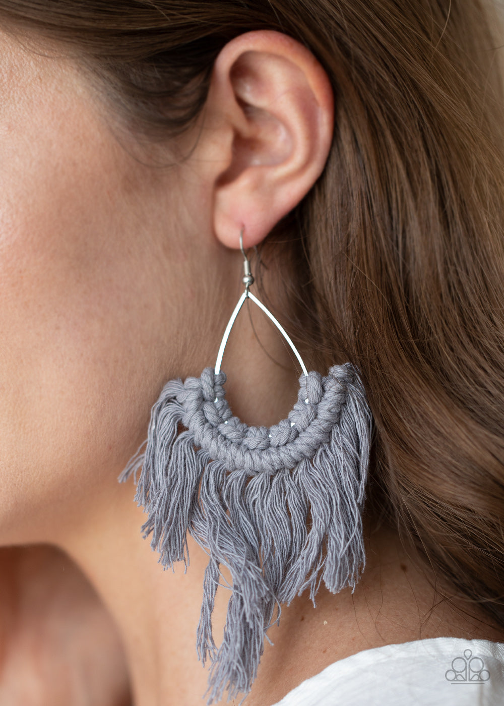 Wanna Piece Of MACRAME? - Silver Sleet Decorative Knotted Thread Fringe Earrings