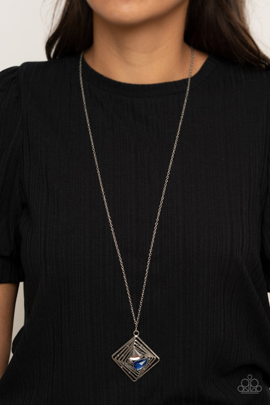 Timelessly Tilted - Blue, Hematite, & White Rhinestone Center/Twisted Silver Bar Pendant Necklace & matching earrings