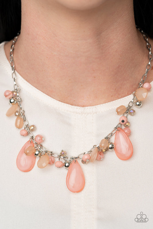 Seaside Solstice - Pink Round & Teardrop Shaped Beads, Silver, & Iridescent Beaded Fringe Necklace & matching earrings