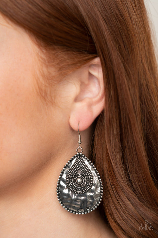 Rural Muse - Silver Studded & Hammered Rustic Embellished Teardrop Earrings