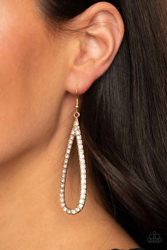 Glitzy Goals - Gold Elongated Teardrop/White Rhinestones Paparazzi Earrings