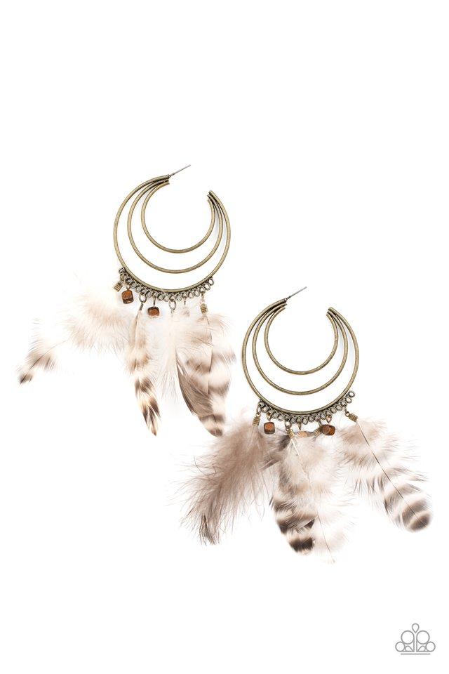 Freely Free Bird - Brass Hoop/Wooden Beads/Feather Paparazzi Earrings