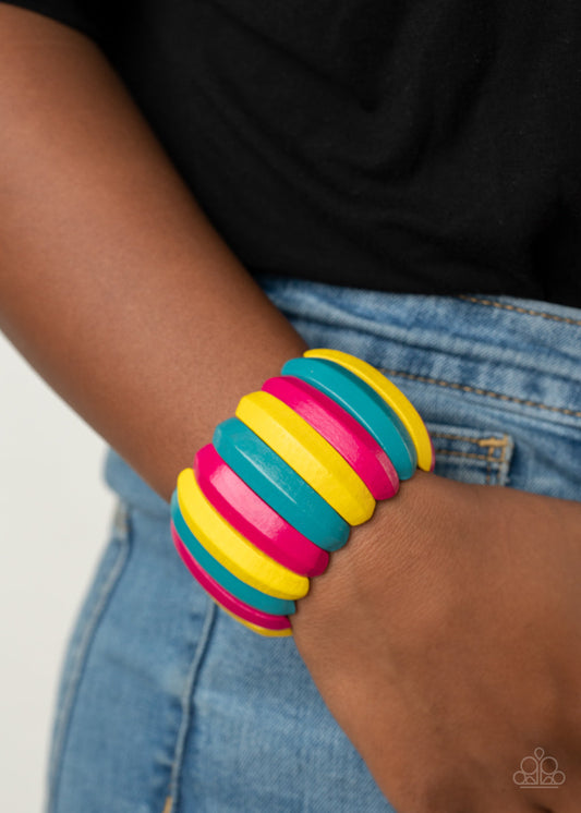 Colorfully Congo - Multi Blue, Yellow, & Pink Wooden Paparazzi Stretch Bracelet