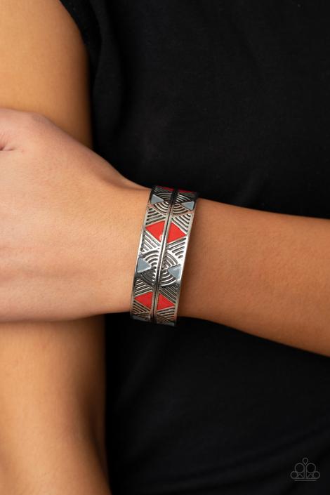 Hidden Glyphs - Red & Gray Triangular Accent Paparazzi Cuff Bracelet