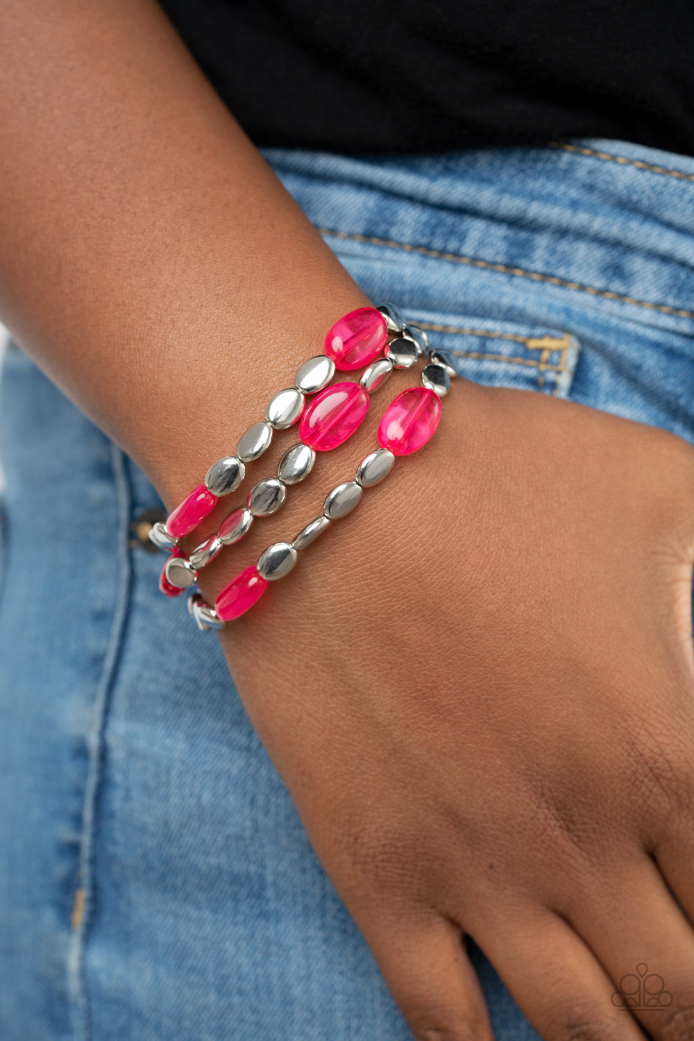 Sorry to Burst Your BAUBLE - Pink & Silver Beaded Set of 3 Stretch Bracelets