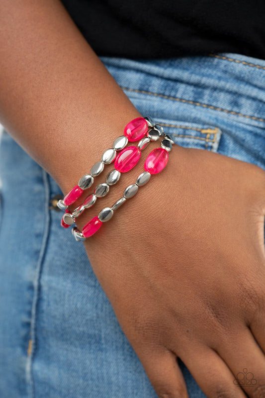 Sorry to Burst Your BAUBLE - Pink & Silver Beaded Set of 3 Stretch Bracelets