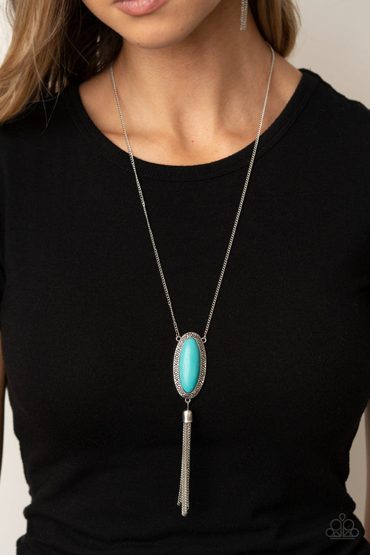 Ethereal Eden - Blue/Turquoise Oval Stone/Antiqued Tribal Inspired Silver Frame/Silver Chain Tassel Necklace & matching earrings