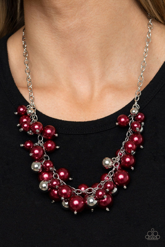 Uptown Upgrade - Red Pearl & Shiny Silver Beaded Fringe Necklace & matching earrings