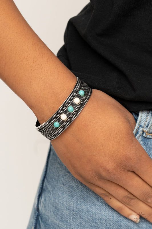 Quarry Quake - Blue/Turquoise & White Stone Beaded Ornate Silver Cuff Bracelet