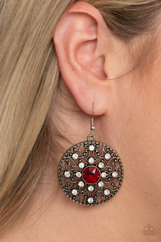 GLOW Your True Colors - Red Oversized Rhinestone Center/White Rhinestone Studded Vine-like Filigree Paparazzi Earrings
