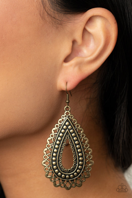Texture Garden - Brass Petal-Like Textures/Studded Teardrop Frame Earrings