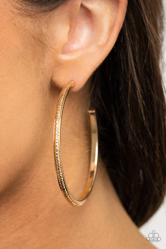 Sultry Shimmer - Gold Diamond-Cut Texture Beveled Gold Hoop Earrings