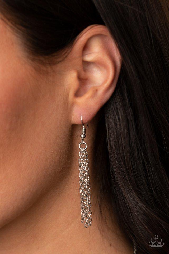Triangulated Twinkle - Silver Triangular Frame/Hematite Rhinestones Paparazzi Necklace & matching earrings