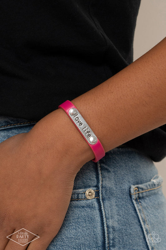Love Life - Pink Leather & Silver "Love Life" Engraved Plate Paparazzi Snap Bracelet