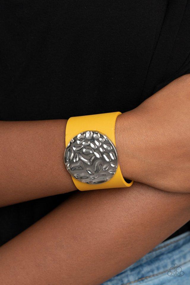 The Future Looks Bright - Yellow Leather Band/Hammered Silver Disc Paparazzi Snap Bracelet
