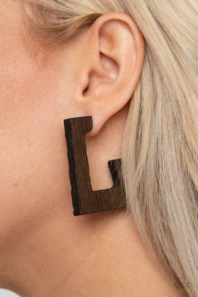 The Girl Next OUTDOOR - Brown Wooden Rectangular Paparazzi Hoop Earrings