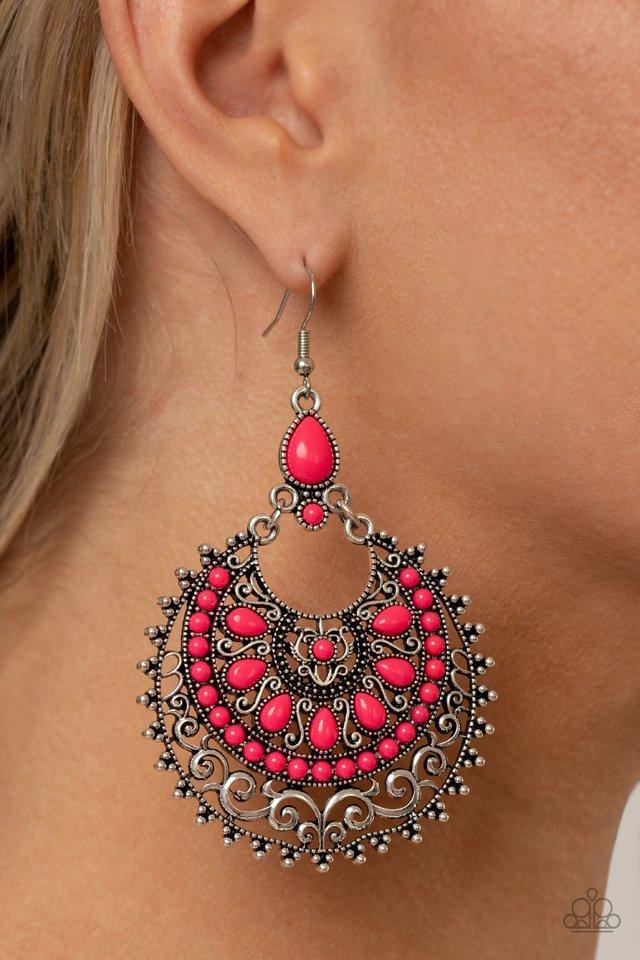 Laguna Leisure - Pink Beaded Silver Studded & Filigree Frame Paparazzi Earrings