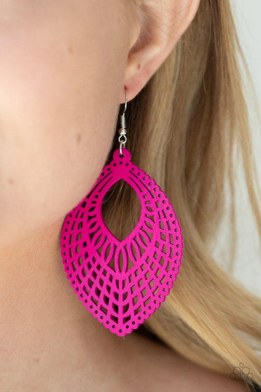 One Beach At A Time - Pink Stenciled Wooden Teardrop Paparazzi Earrings