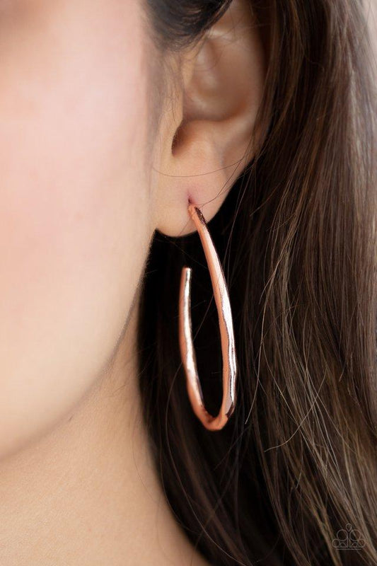 Totally Hooked - Rose Gold Asymmetrical Hook-Like Paparazzi Hoop Earrings