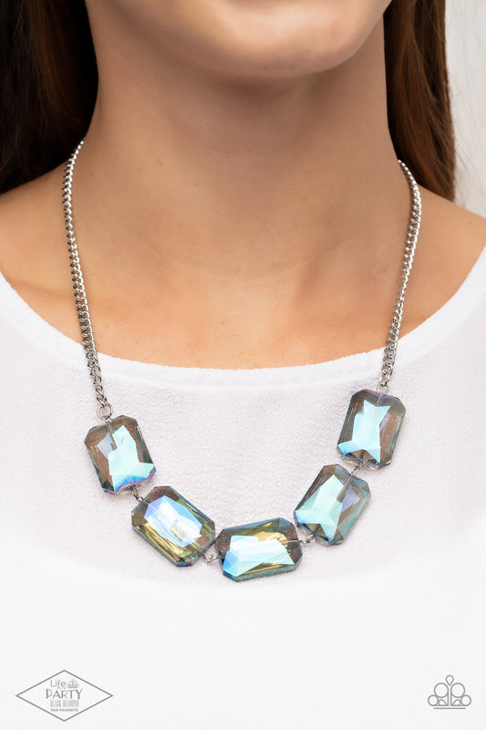 Heard It On The HEIR-Waves - Blue Iridescent Emerald-Cut Gem Paparazzi Necklace & matching earrings