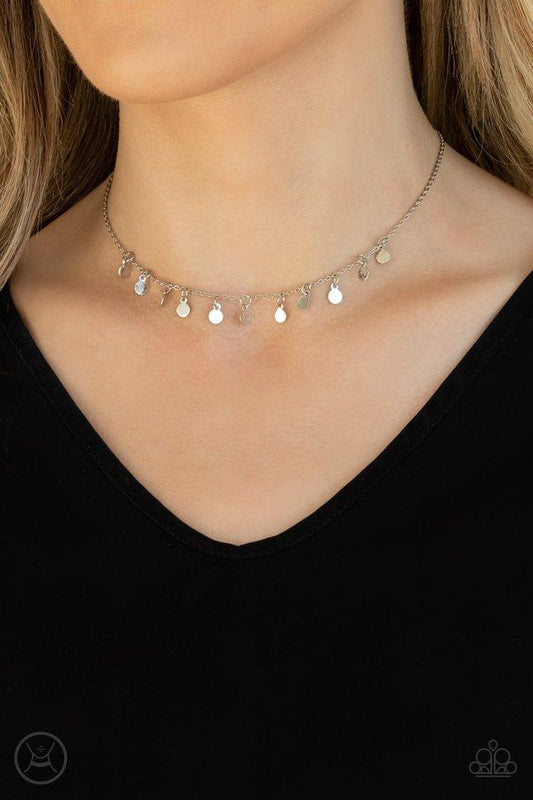 Ready, Set, DISCO! - Silver Dainty Disc Paparazzi Choker Necklace & matching earrings