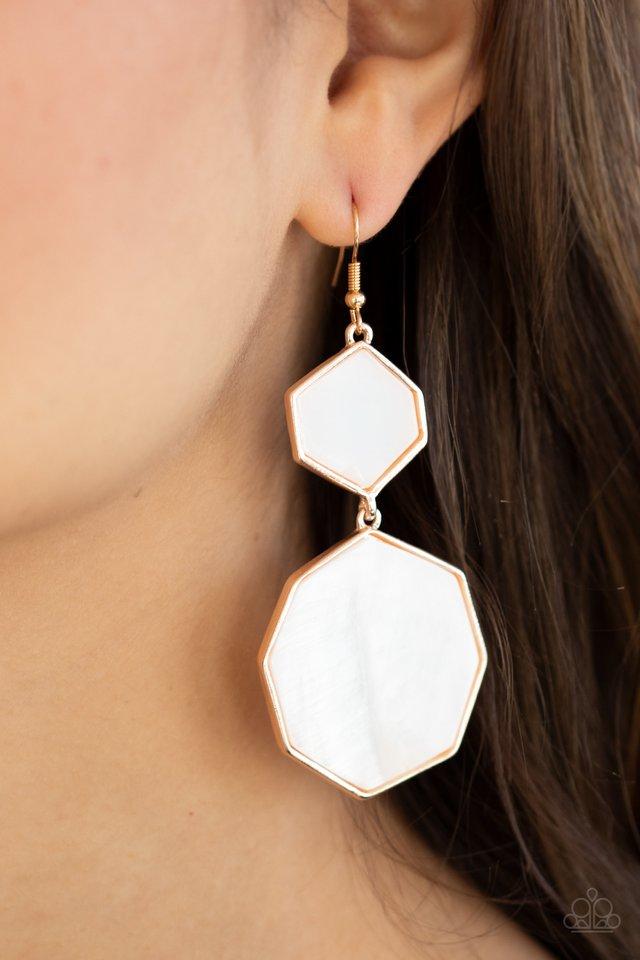 Vacation Glow - Rose Gold Frame/White Shell-Like Hexagonal Beaded Paparazzi Earrings