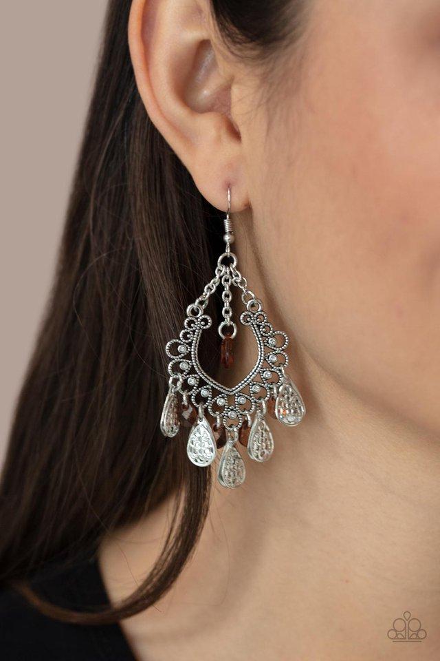 Musical Gardens - Brown Blue Crystal-Like Teardrop Beads/Silver Teardrops/Frilly Silver Frame Encrusted White Rhinestone Earrings