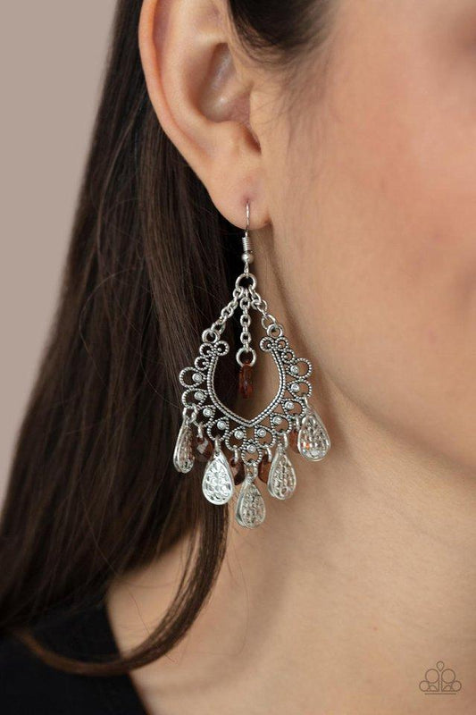 Musical Gardens - Brown Blue Crystal-Like Teardrop Beads/Silver Teardrops/Frilly Silver Frame Encrusted White Rhinestone Earrings