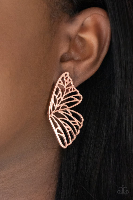 Butterfly Frills - Copper Scalloped Butterfly Paparazzi Post Earrings