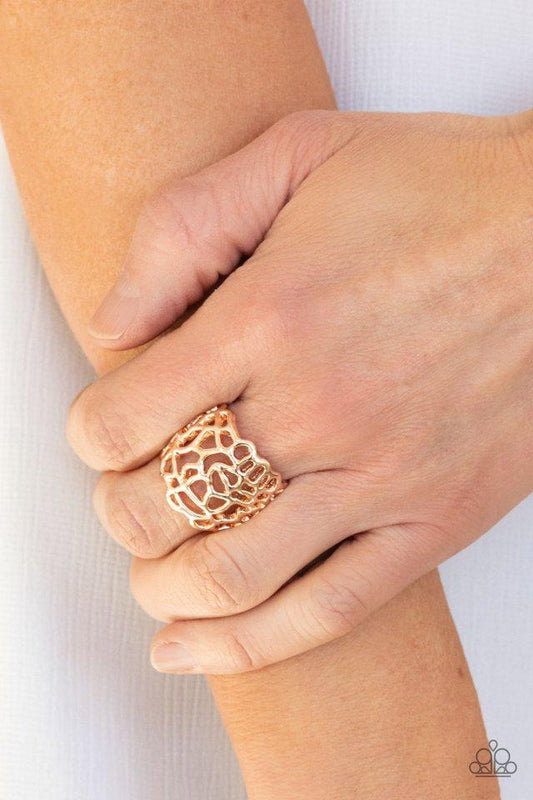 Get Your FRILL - Rose Gold Filigree Asymmetrical Stenciled Frame Paparazzi Ring