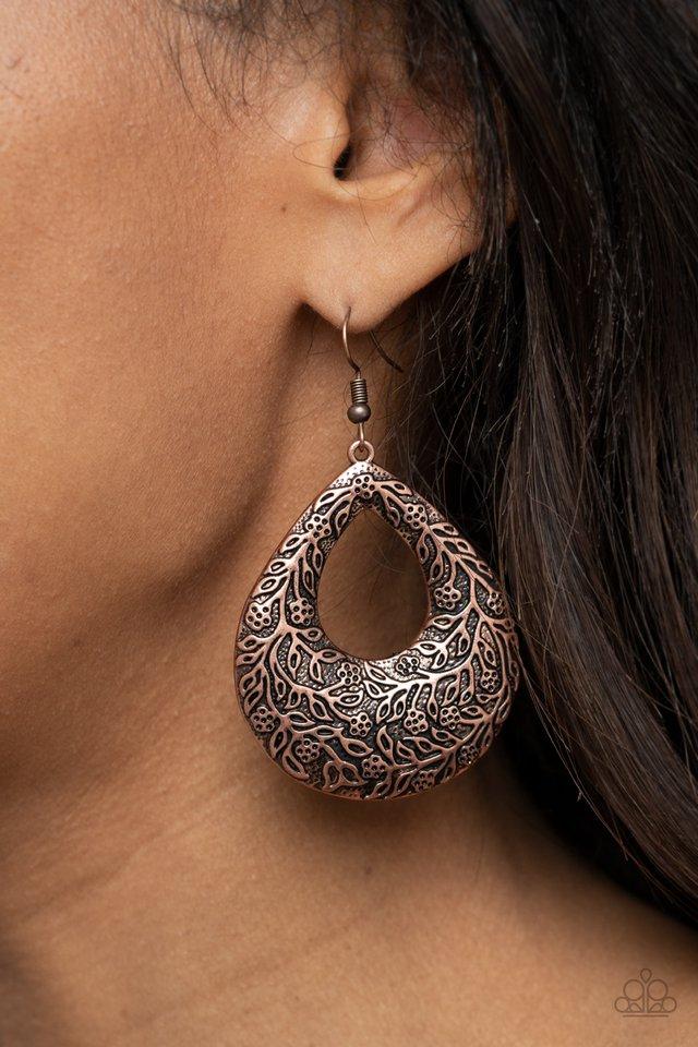 Flirtatiously Flourishing - Copper Antiqued Floral Filigree Teardrop Paparazzi Earrings