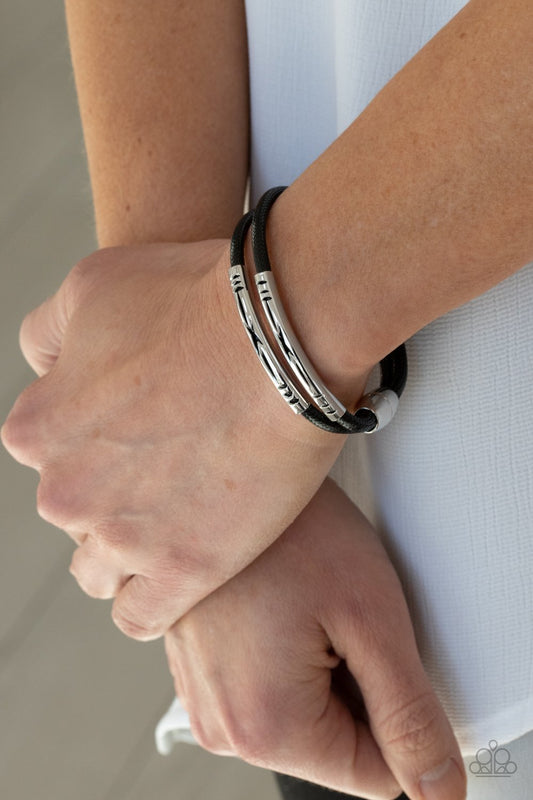 What a WANDER-ful World - Black Cord/Tribal Inspired Stenciled Silver Bar Magnetic Paparazzi Bracelet