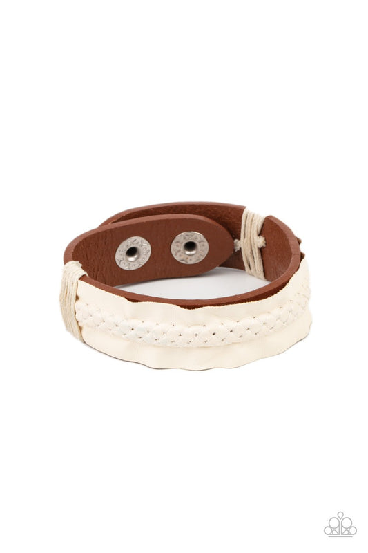 Country Craft Time - Brown Leather Band/White Vinyl-Like Leather Paparazzi Snap Bracelet