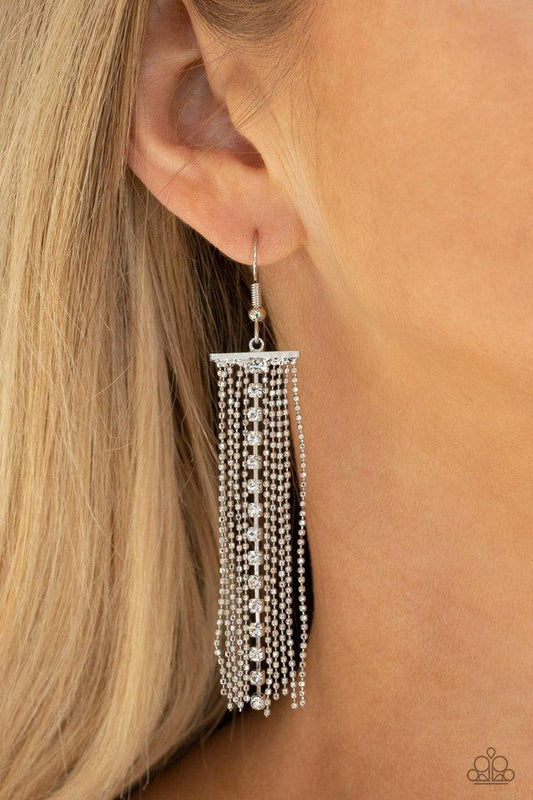 Another Day, Another DRAMA - White Rhinestone Tassel Paparazzi Earrings