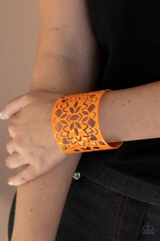 Hacienda Hotspot - Orange Airy Floral Stenciled Paparazzi Cuff Bracelet