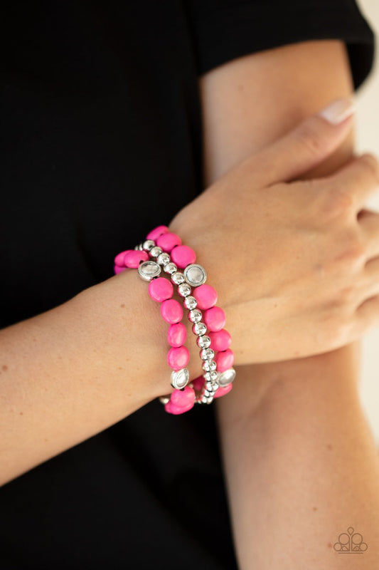Desert Verbena - Pink Stone & Silver Beaded Set of 3 Paparazzi Stretch Bracelets