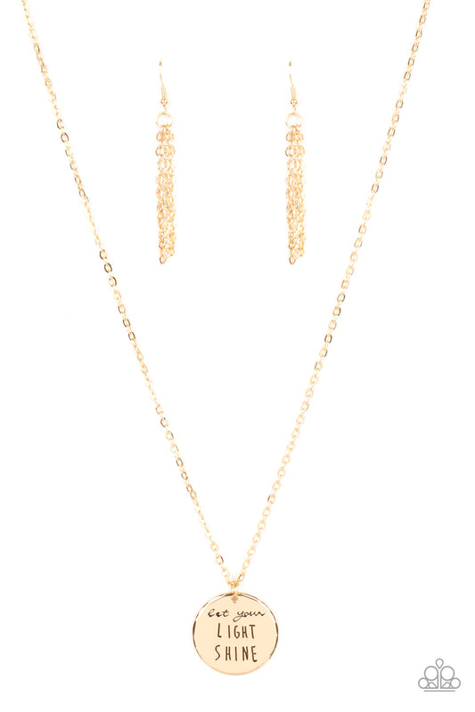 Light It Up - Gold "Let your light shine" Stamped Disc Pendant Paparazzi Necklace & matching earrings