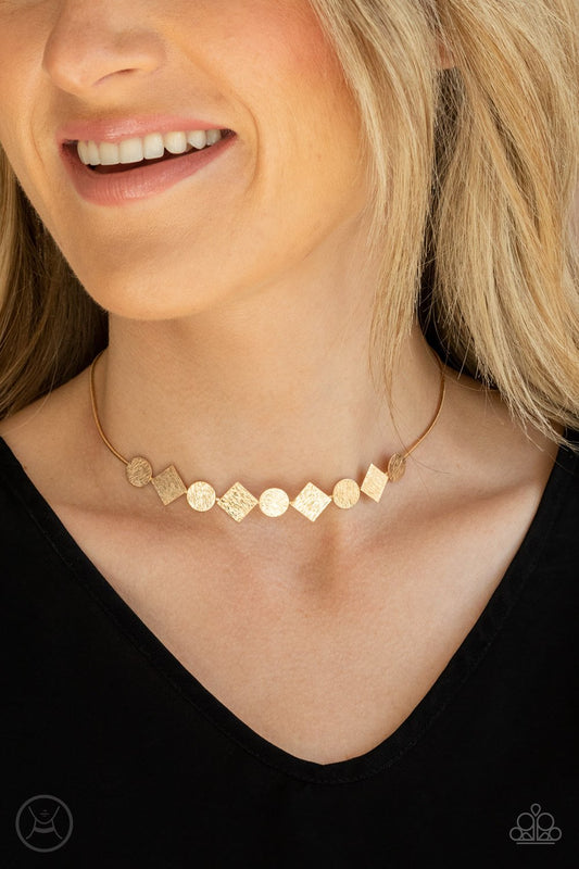 Don't Get Bent Out of Shape - Gold Choker Paparazzi Necklace & matching earrings