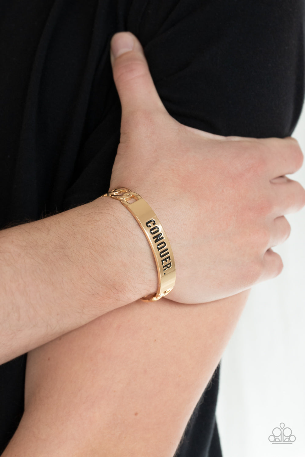 Conquer Your Fears - Gold "CONQUER" Stamped Paparazzi Men's Cuff Bracelet