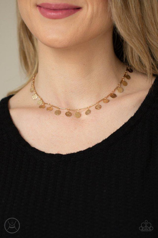 Musically Minimalist - Gold Hammered Disc Paparazzi Choker Necklace & matching earrings