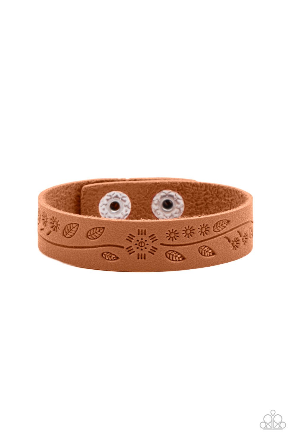 Rural Equinox - Brown Southwestern Inspired Stamped Pattern Leather Paparazzi Snap Bracelet