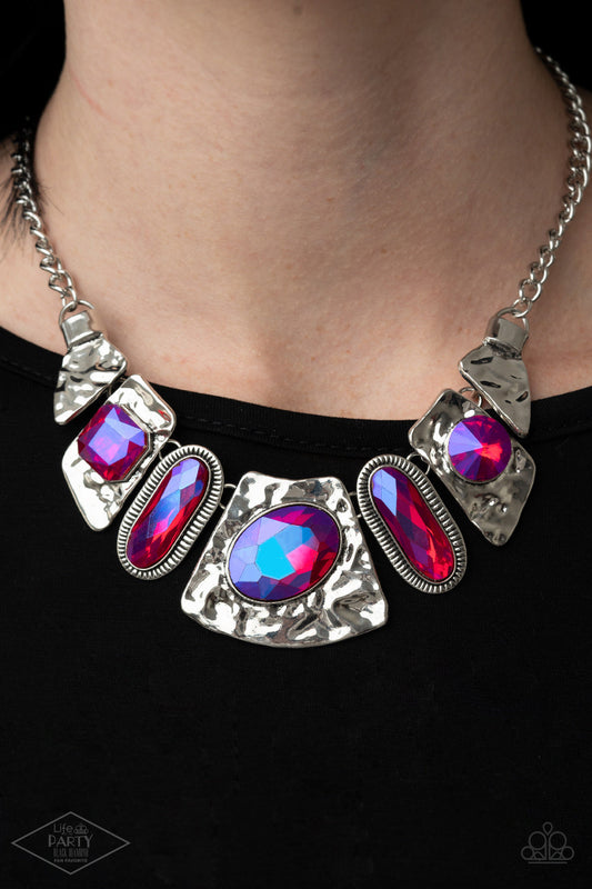 Futuristic Fashionista - Pink UV Shimmer Gem & Hammered Silver Plate Paparazzi Necklace & matching earrings